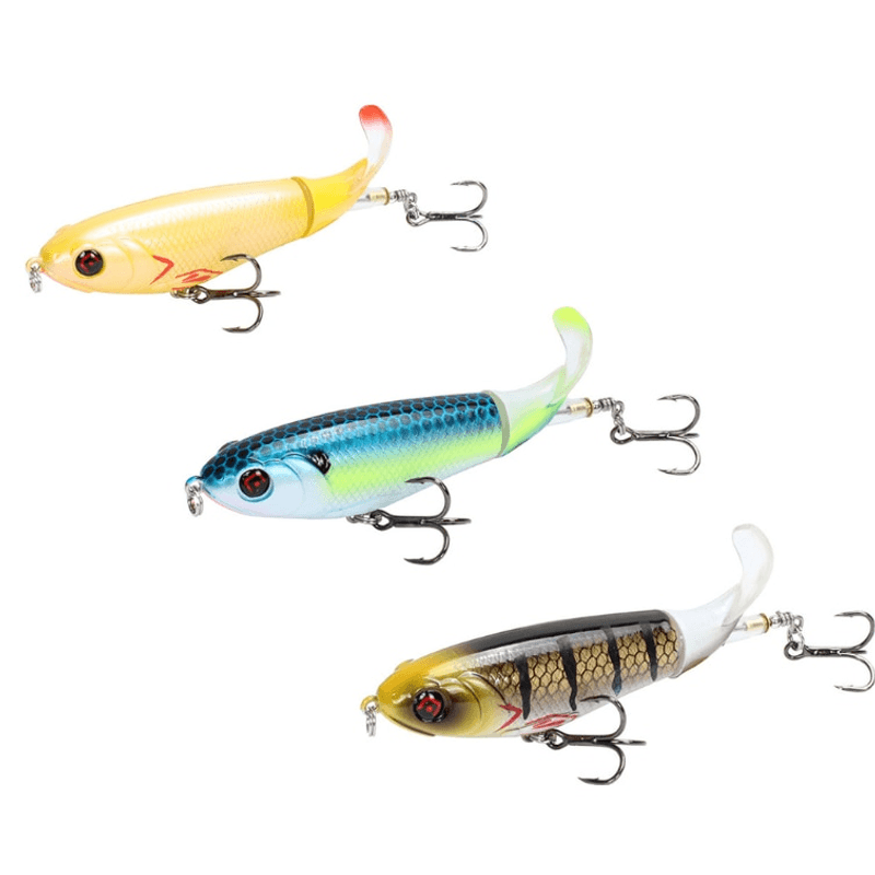 Sport si Outdoor - Sporturi acvatice - Pescuit - Nade si momeli - Set 3 voblere suprafata whopper plopper, stiuca somn, naluca 105mm 17g, coada rotativa, ochi 3D - Infinity.ro
