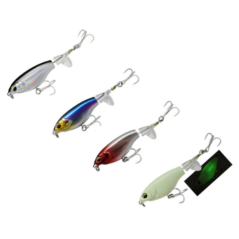 Sport si Outdoor - Sporturi acvatice - Pescuit - Nade si momeli - Set 4 Momeli Plutitoare FishingBox Topwater cu coada rotativa, stiuca somn salau, apa dulce/sarata - Infinity.ro