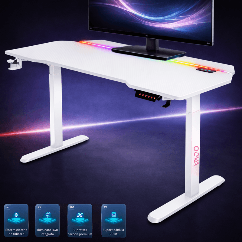 PC, gaming si accesorii - Gaming - Accesorii gaming - Birouri gaming - Birou Gaming RGB, Reglabil Electric inaltime, QOVA®, Inaltime Ajustabila 72-117cm, Motor Silentios, Blat Carbon Premium - Infinity.ro