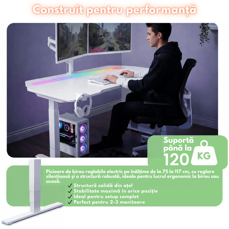 PC, gaming si accesorii - Gaming - Accesorii gaming - Birouri gaming - Birou Gaming RGB, Reglabil Electric inaltime, QOVA®, Inaltime Ajustabila 72-117cm, Motor Silentios, Blat Carbon Premium - Infinity.ro