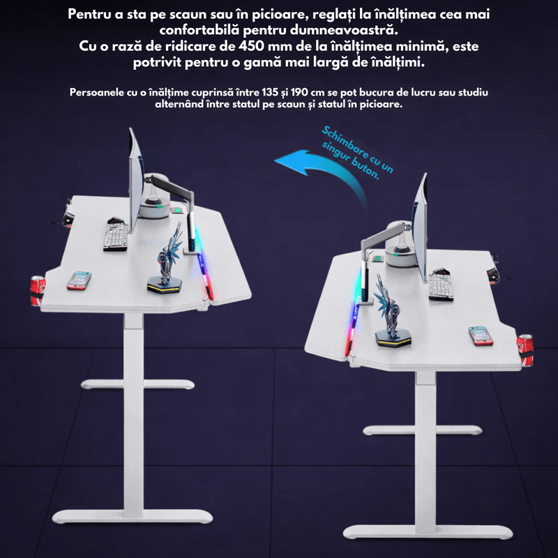 PC, gaming si accesorii - Gaming - Accesorii gaming - Birouri gaming - Birou Gaming RGB, Reglabil Electric inaltime, QOVA®, Inaltime Ajustabila 72-117cm, Motor Silentios, Blat Carbon Premium - Infinity.ro
