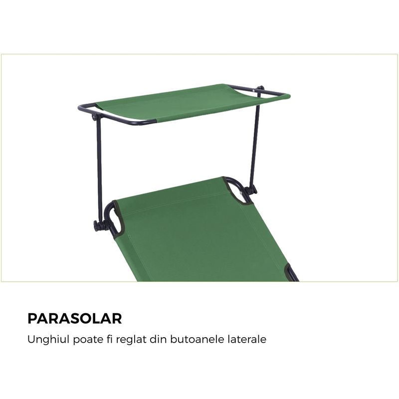 Casa si Gradina - Gradina si terasa - Mobilier exterior - Scaune si sezlonguri gradina - Sezlong pliabil Heinner cu parasolar, dimensiuni 186X55X24 cm, verde - Infinity.ro