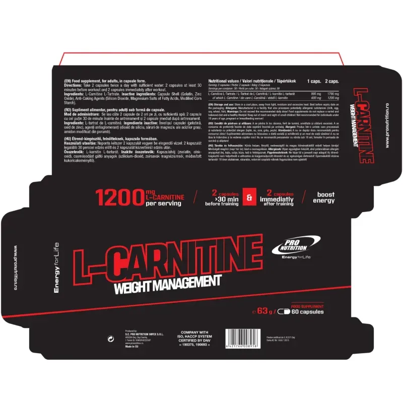 Ingrijire personala si Cosmetice - Sanatate si wellness - Nutritie sportiva - Gestionarea greutatii - Supliment alimentar complex natural pentru slăbit, L-Carnitine, Blistere, 60 capsule - Infinity.ro