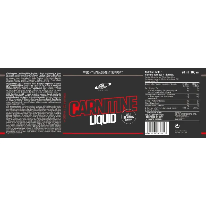 Ingrijire personala si Cosmetice - Sanatate si wellness - Nutritie sportiva - Gestionarea greutatii - Supliment nutritiv lichid cu L-carnitină, Carnitine Liquid, Fructe de pădure, 500 ml - Infinity.ro