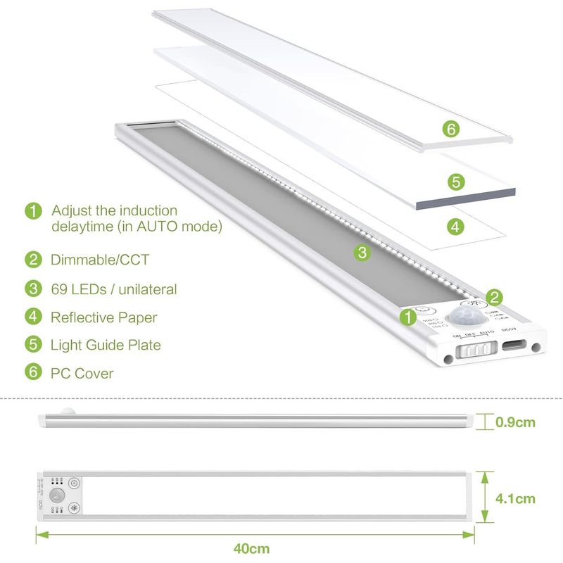 Casa si Gradina - Corpuri si surse de iluminat - Veioze si lampi - Lampi de veghe - Lumina LED pentru dulap cu senzor de miscare, 2200 mAh reincarcabila prin USB 40CM 2 buc - Infinity.ro