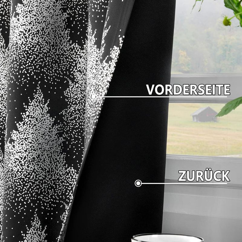 Casa si Gradina - Textile si covoare - Perdele si draperii - Perdele - Perdele opace cu inele metalice, scurte, 245 x 132 cm-set 2 bucati, negru cu model pini - Infinity.ro