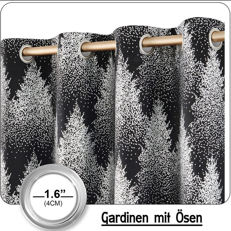Casa si Gradina - Textile si covoare - Perdele si draperii - Perdele - Perdele opace cu inele metalice, scurte, 245 x 132 cm-set 2 bucati, negru cu model pini - Infinity.ro