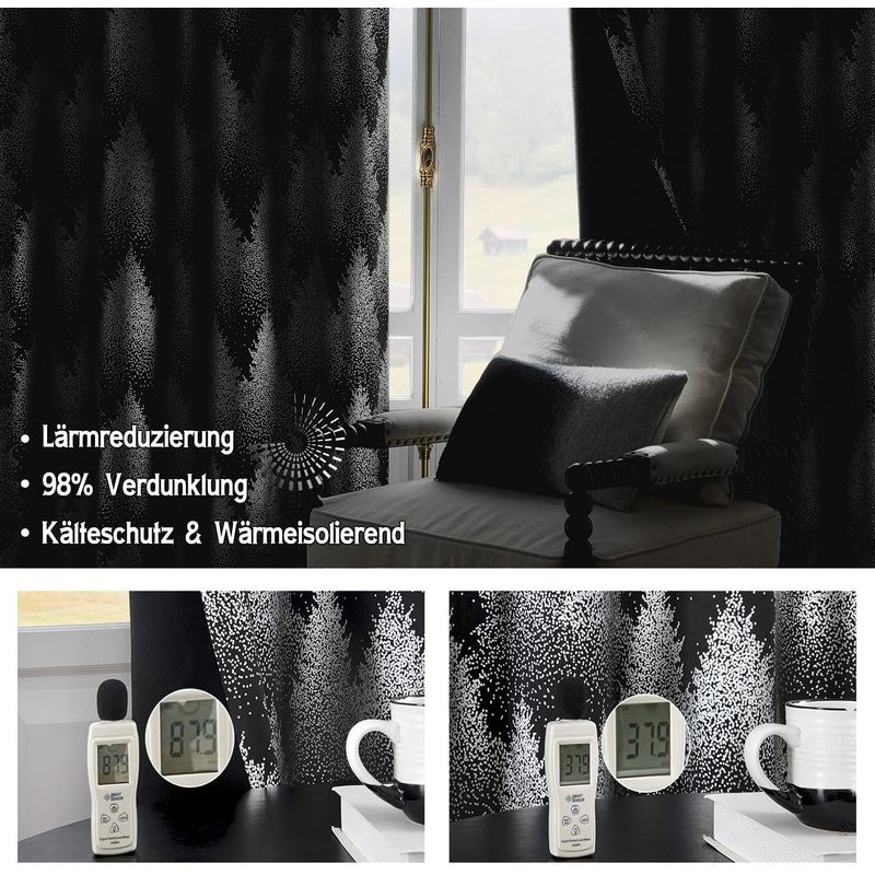 Casa si Gradina - Textile si covoare - Perdele si draperii - Perdele - Perdele opace cu inele metalice, scurte, 245 x 132 cm-set 2 bucati, negru cu model pini - Infinity.ro