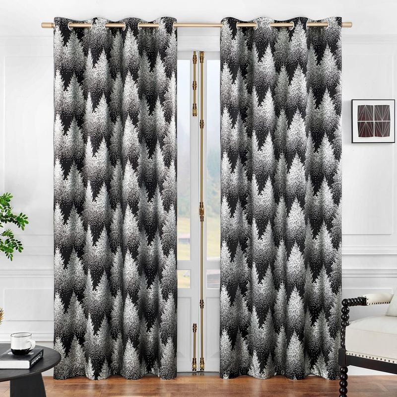 Casa si Gradina - Textile si covoare - Perdele si draperii - Perdele - Perdele opace cu inele metalice, scurte, 245 x 132 cm-set 2 bucati, negru cu model pini - Infinity.ro