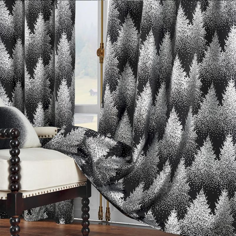 Casa si Gradina - Textile si covoare - Perdele si draperii - Perdele - Perdele opace cu inele metalice, scurte, 245 x 132 cm-set 2 bucati, negru cu model pini - Infinity.ro