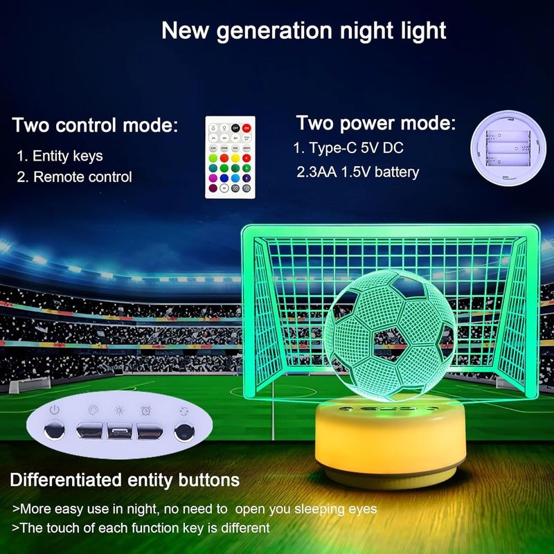 Casa si Gradina - Corpuri si surse de iluminat - Veioze si lampi - Lampi de veghe - Lampa de veghe 3D Fotbal 14 culori, 5 nivele lumina, temporizator, telecomanda - Infinity.ro