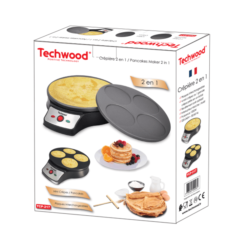 Electronice si Electrocasnice - Electrocasnice bucatarie - Aparate de gatit & desert - Aparate de preparat desert - Aparat pentru clatite Techwood TCP-217, Placi Interschimbabile 26 cm, Invelis Antiaderent, 1000W - Infinity.ro