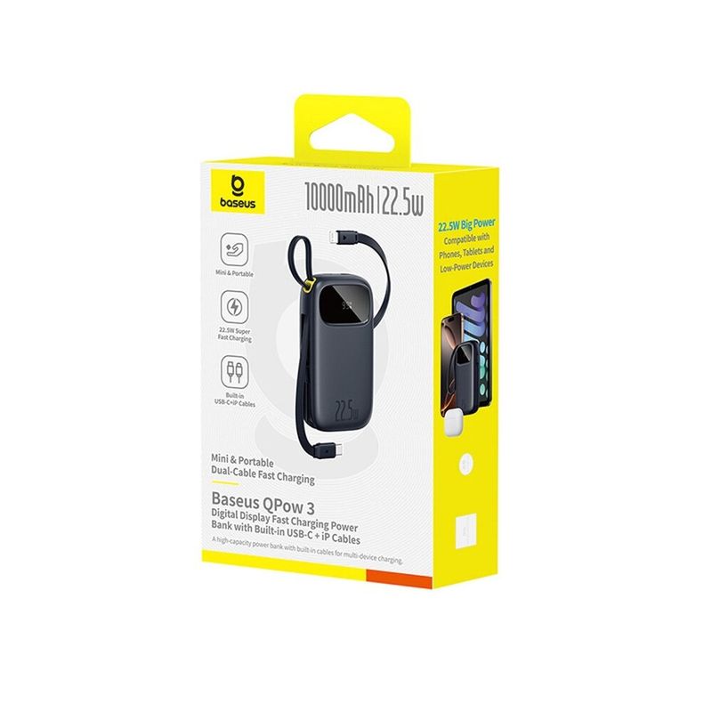 Laptop, Telefoane si Tablete - Telefoane mobile si accesorii - Accesorii Telefoane - Baterii externe - Baterie externa 10000 mAh Baseus EnerFill FC3, 22.5W, USB-C, Lightning, USB-A, Cabluri integrate, Display LED, Negru - Infinity.ro