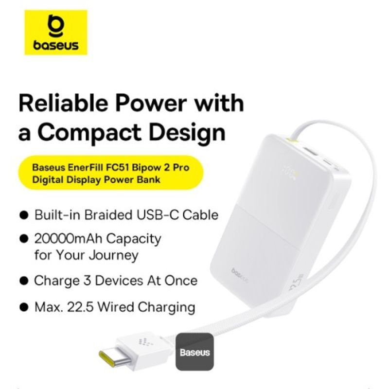 Laptop, Telefoane si Tablete - Telefoane mobile si accesorii - Accesorii Telefoane - Baterii externe - Baterie externa Baseus EnerFill FC51 Bipow2 Pro, 20000mAh, 1x Type-C, alb, 2.4A - Infinity.ro