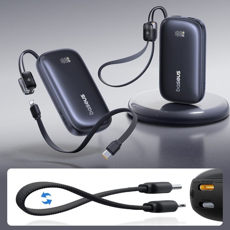 Laptop, Telefoane si Tablete - Telefoane mobile si accesorii - Accesorii Telefoane - Baterii externe - Baterie externa 10000 mAh Baseus EnerFill FC21, 22.5W, 1 x Cablu USB-C / Lightning, 1x Port USB, Negru - Infinity.ro