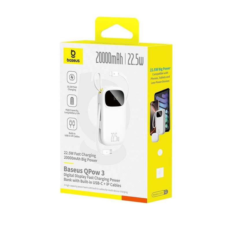 Laptop, Telefoane si Tablete - Telefoane mobile si accesorii - Accesorii Telefoane - Baterii externe - Baterie externa 20000 mAh Baseus EnerFill FC31, 22.5W, USB-C, Lightning, USB-A, Cabluri integrate, Display LED, Alb - Infinity.ro