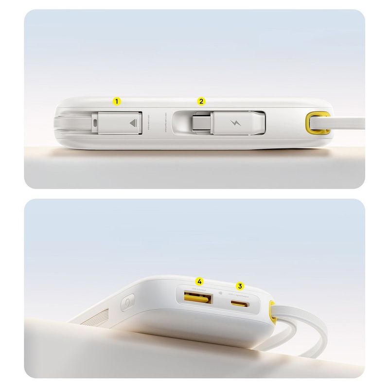 Laptop, Telefoane si Tablete - Telefoane mobile si accesorii - Accesorii Telefoane - Baterii externe - Baterie externa 20000 mAh Baseus EnerFill FC31, 22.5W, USB-C, Lightning, USB-A, Cabluri integrate, Display LED, Alb - Infinity.ro
