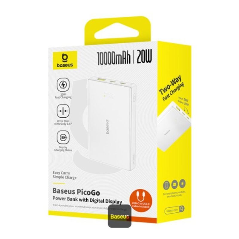 Laptop, Telefoane si Tablete - Telefoane mobile si accesorii - Accesorii Telefoane - Baterii externe - Acumulator extern Baseus PicoGo 10.000 mAh, 20W, Digital Display, 2x USB-C, 1x USB-A, Alb - Infinity.ro