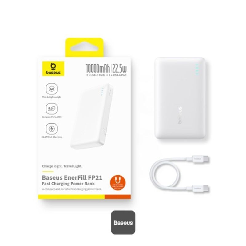 Laptop, Telefoane si Tablete - Telefoane mobile si accesorii - Accesorii Telefoane - Baterii externe - Acumulator extern Baseus EnerFill FP21 10.000 mAh, 22.5W, 2x USB-C, 1x USB-A, Alb - Infinity.ro