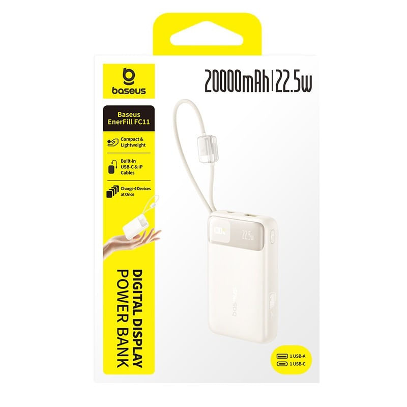 Laptop, Telefoane si Tablete - Telefoane mobile si accesorii - Accesorii Telefoane - Baterii externe - Acumulator extern Baseus EnerFill FC11 Digital Display 20.000 mAh, 22.5W, cablu USB-C si Lightning incorporat, Bej - Infinity.ro