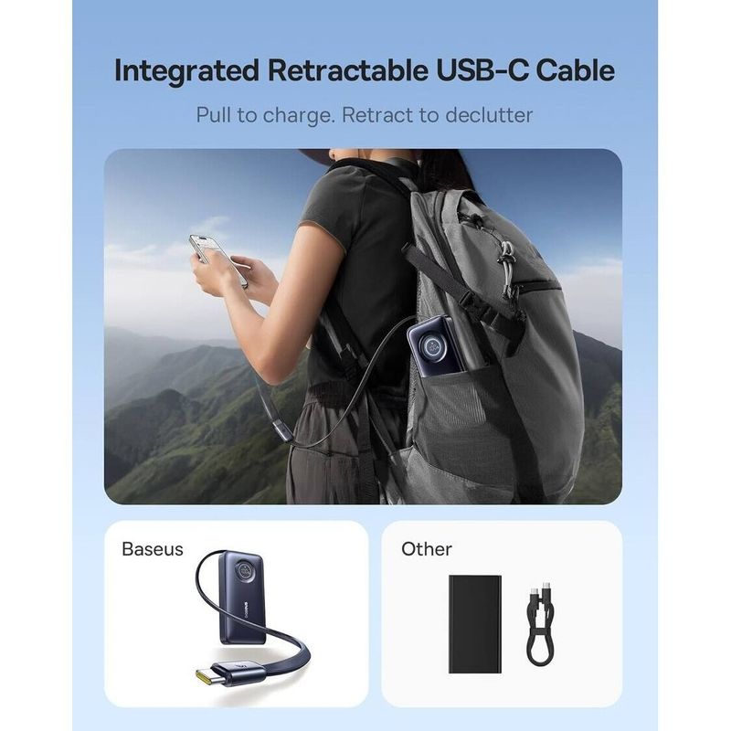 Laptop, Telefoane si Tablete - Telefoane mobile si accesorii - Accesorii Telefoane - Baterii externe - Banca de putere Baseus EnerCore CR11 10.000 mAh, 45W, cablu USB-C retractabil, Negru, compacta - Infinity.ro