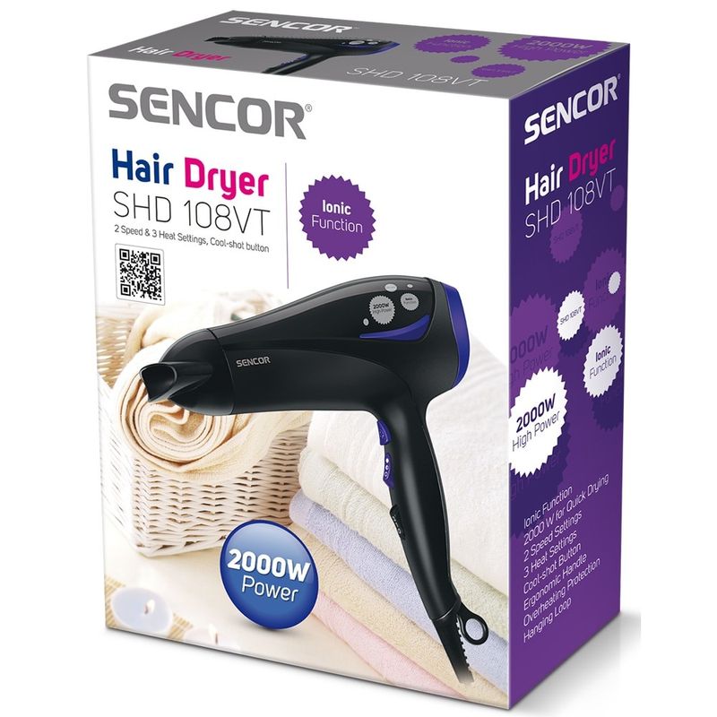 Ingrijire personala si Cosmetice - Aparate & accesorii ingrijire personala - Hair styling - Uscatoare de par - Uscator de par, Sencor, Functie de ionizare, 2 viteze, Negru/Violet - Infinity.ro