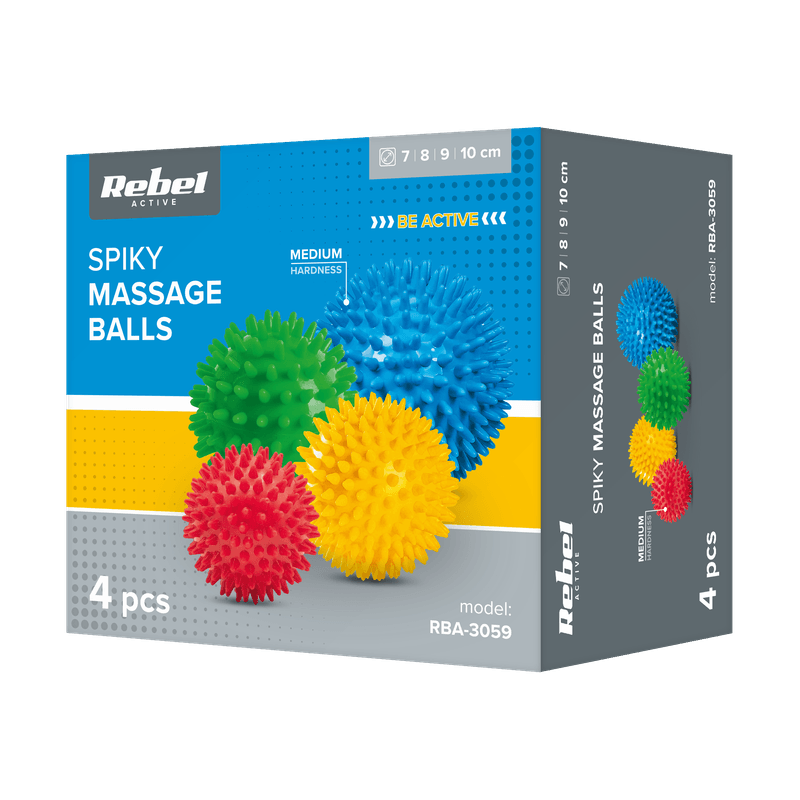 Ingrijire personala si Cosmetice - Sanatate si wellness - Articole wellness - Aparate si dispozitive de masaj - Set 4 bile senzoriale cu tepi pentru masaj Rebel Active, 7-10 cm, multicolor, PVC - Infinity.ro