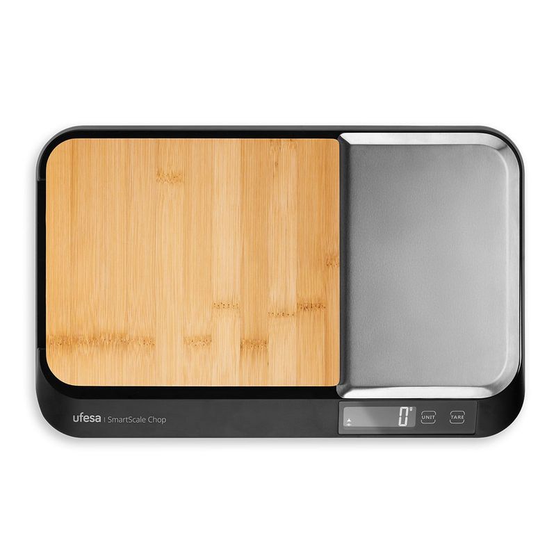 Electronice si Electrocasnice - Electrocasnice bucatarie - Mixere, tocatoare & roboti de bucatarie - Cantare de bucatarie - Cantar de Bucatarie UFESA SmartScale Chop, Suprafata Bambus, Max 5kg, Ecran LCD, Negru - Infinity.ro