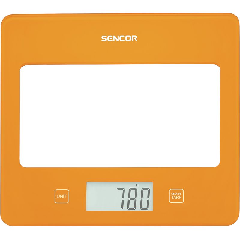 Electronice si Electrocasnice - Electrocasnice bucatarie - Mixere, tocatoare & roboti de bucatarie - Cantare de bucatarie - Cantar de bucatarie, Sencor, Ecran LCD, Portocaliu - Infinity.ro