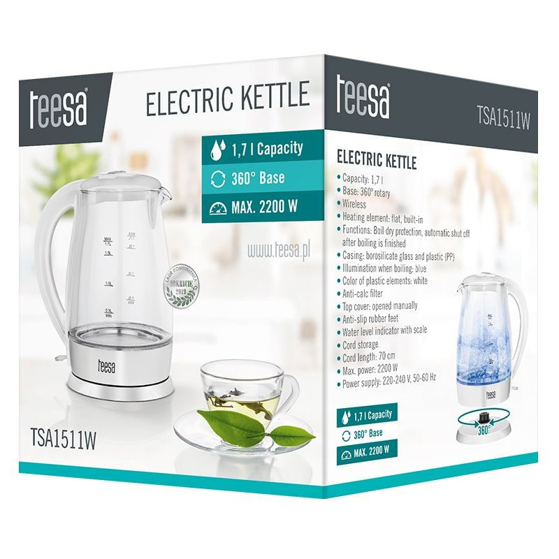 Electronice si Electrocasnice - Electrocasnice bucatarie - Preparare bauturi - Fierbatoare de apa - Fierbator electric cordless, capacitate 1.7 L, culoare alb, Teesa - Infinity.ro