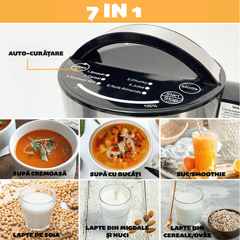 Electronice si Electrocasnice - Electrocasnice bucatarie - Mixere, tocatoare & roboti de bucatarie - Mixere - Aparat multifunctional pentru preparat lapte vegetal 7 in 1, CYBERDUST, Negru 2.0,Soia, migdale, caju,Smoothie,Suc,Supe - Infinity.ro
