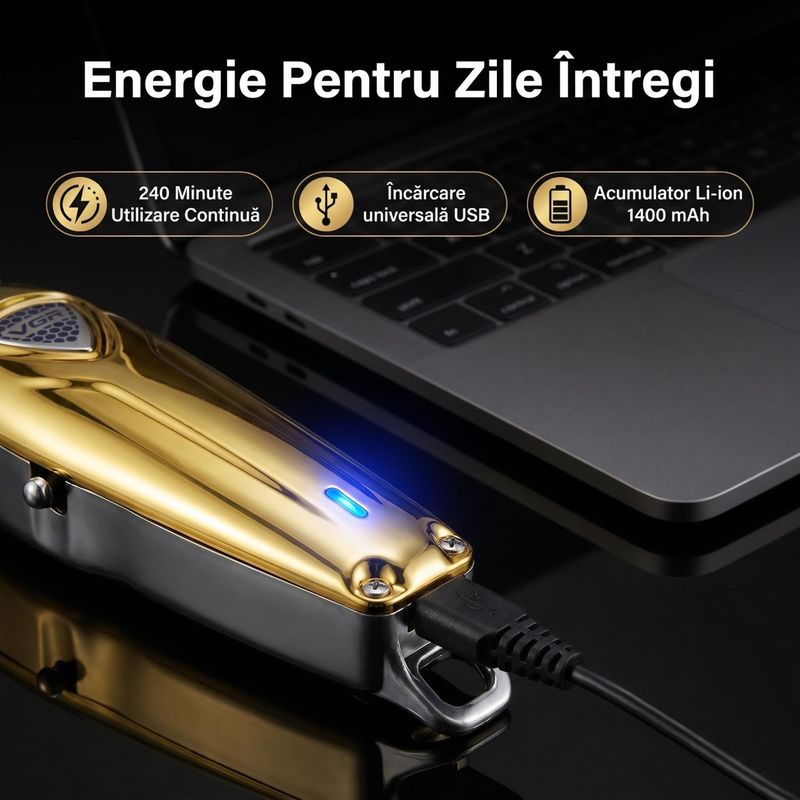Ingrijire personala si Cosmetice - Aparate & accesorii ingrijire personala - Aparate de ras si tuns - Aparate de tuns - Masina de contur profesionala VGR V-188, 240 minute autonomie, Lama T din otel inoxidabil, USB, Auriu - Infinity.ro
