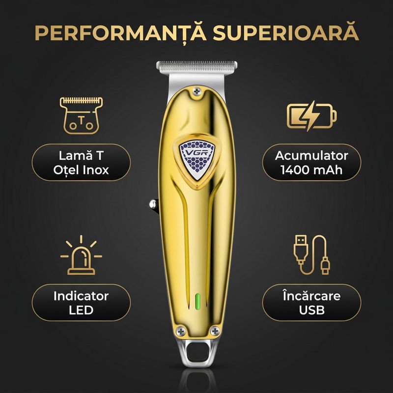 Ingrijire personala si Cosmetice - Aparate & accesorii ingrijire personala - Aparate de ras si tuns - Aparate de tuns - Masina de contur profesionala VGR V-188, 240 minute autonomie, Lama T din otel inoxidabil, USB, Auriu - Infinity.ro