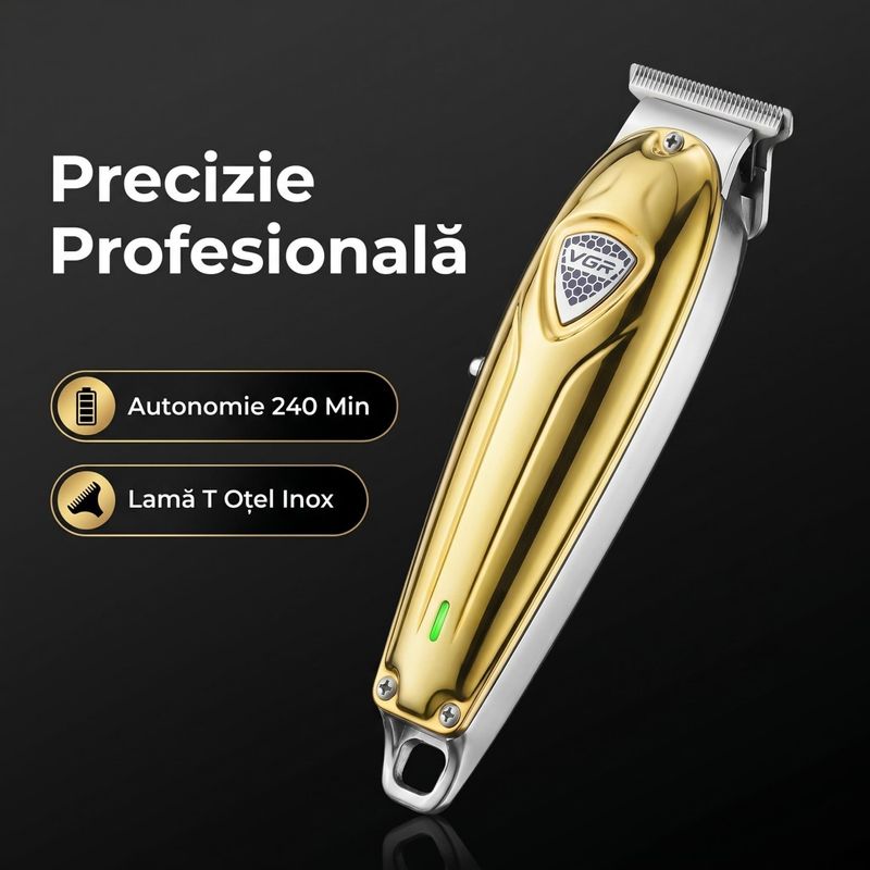 Ingrijire personala si Cosmetice - Aparate & accesorii ingrijire personala - Aparate de ras si tuns - Aparate de tuns - Masina de contur profesionala VGR V-188, 240 minute autonomie, Lama T din otel inoxidabil, USB, Auriu - Infinity.ro