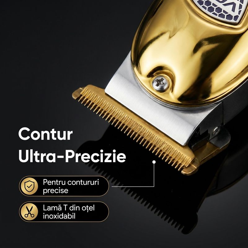 Ingrijire personala si Cosmetice - Aparate & accesorii ingrijire personala - Aparate de ras si tuns - Aparate de tuns - Masina de contur profesionala VGR V-188, 240 minute autonomie, Lama T din otel inoxidabil, USB, Auriu - Infinity.ro