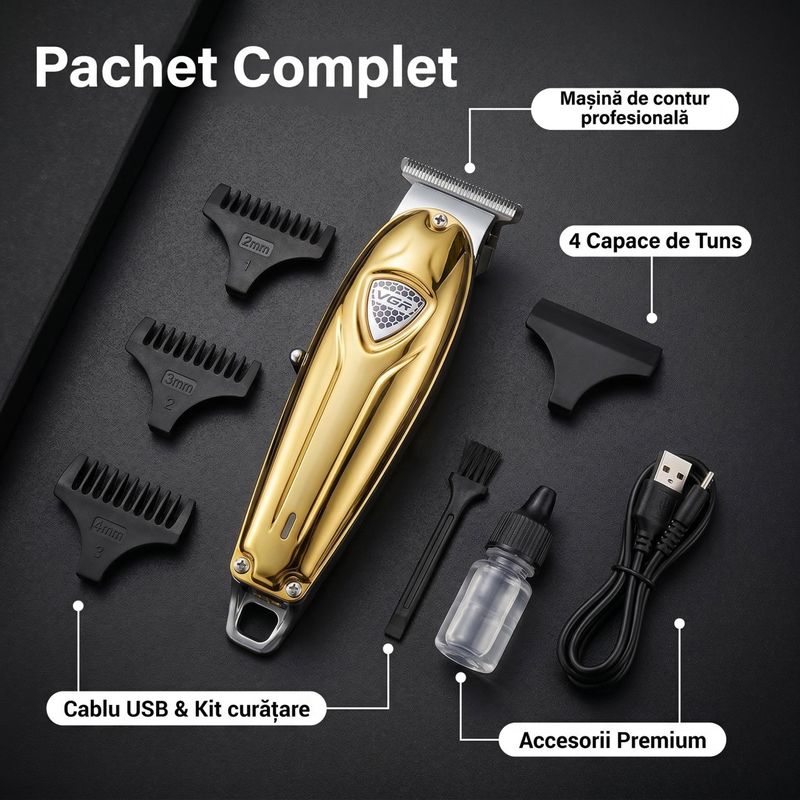 Ingrijire personala si Cosmetice - Aparate & accesorii ingrijire personala - Aparate de ras si tuns - Aparate de tuns - Masina de contur profesionala VGR V-188, 240 minute autonomie, Lama T din otel inoxidabil, USB, Auriu - Infinity.ro
