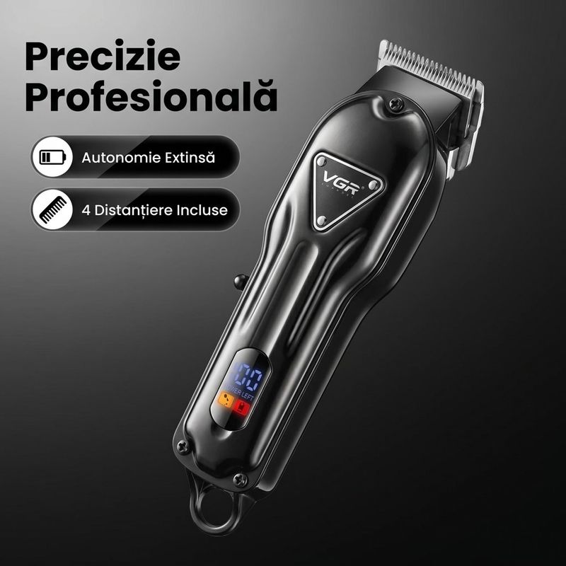 Ingrijire personala si Cosmetice - Aparate & accesorii ingrijire personala - Aparate de ras si tuns - Aparate de tuns - Aparat de tuns fara fir VGR V-298, 4 Distantiere, Afisaj LED, Acumulator 1500mAh/Autonomie mare, Negru - Infinity.ro