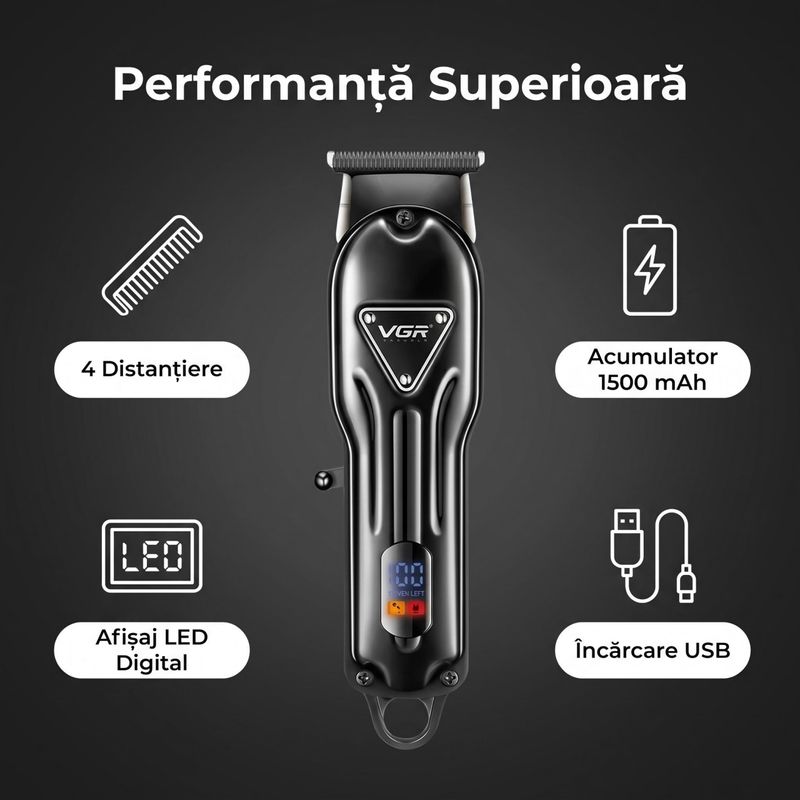 Ingrijire personala si Cosmetice - Aparate & accesorii ingrijire personala - Aparate de ras si tuns - Aparate de tuns - Aparat de tuns fara fir VGR V-298, 4 Distantiere, Afisaj LED, Acumulator 1500mAh/Autonomie mare, Negru - Infinity.ro