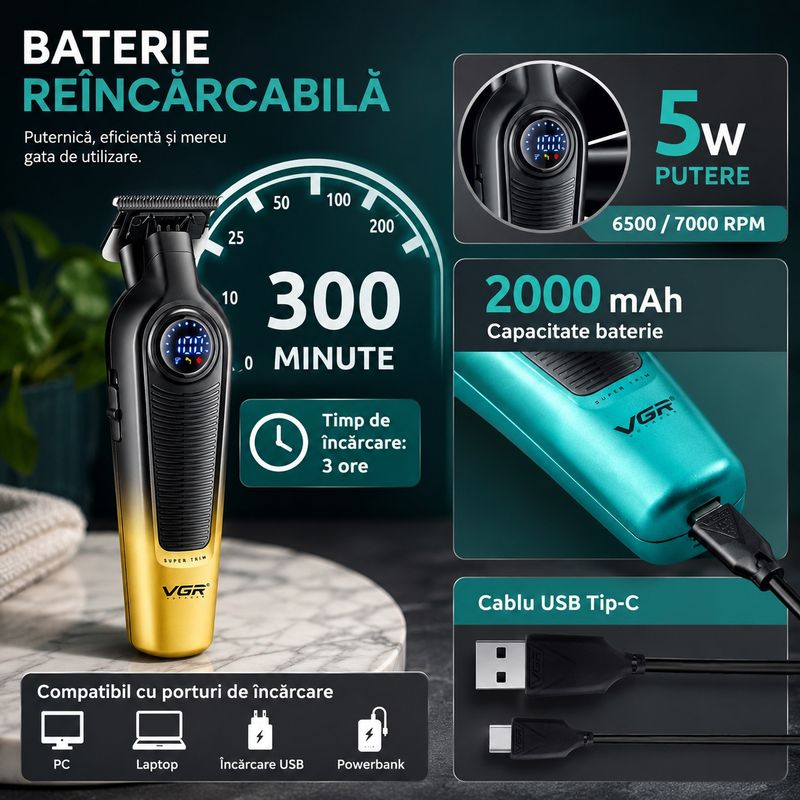 Ingrijire personala si Cosmetice - Aparate & accesorii ingrijire personala - Aparate de ras si tuns - Aparate de tuns - Aparat de tuns profesional VGR V-996, Ecran LED, Reincarcabil, Lame T-Shape din otel, 4 Piepteni - Infinity.ro