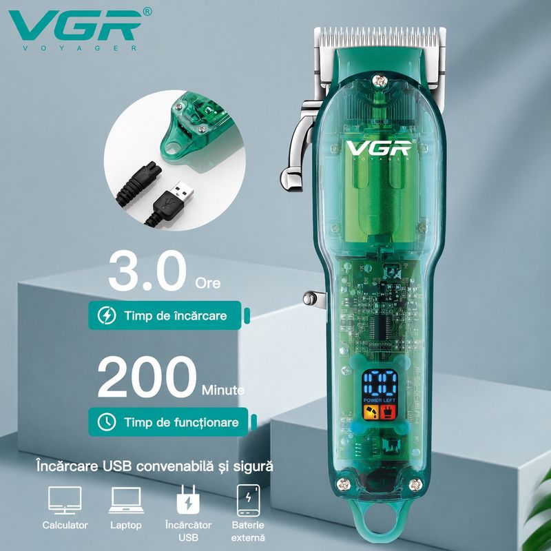 Ingrijire personala si Cosmetice - Aparate & accesorii ingrijire personala - Aparate de ras si tuns - Aparate de tuns - Aparat de tuns Profesional VGR V-660, Autonomie 200 Minute, Lama din Otel Inoxidabil, USB, Afisaj LED - Infinity.ro