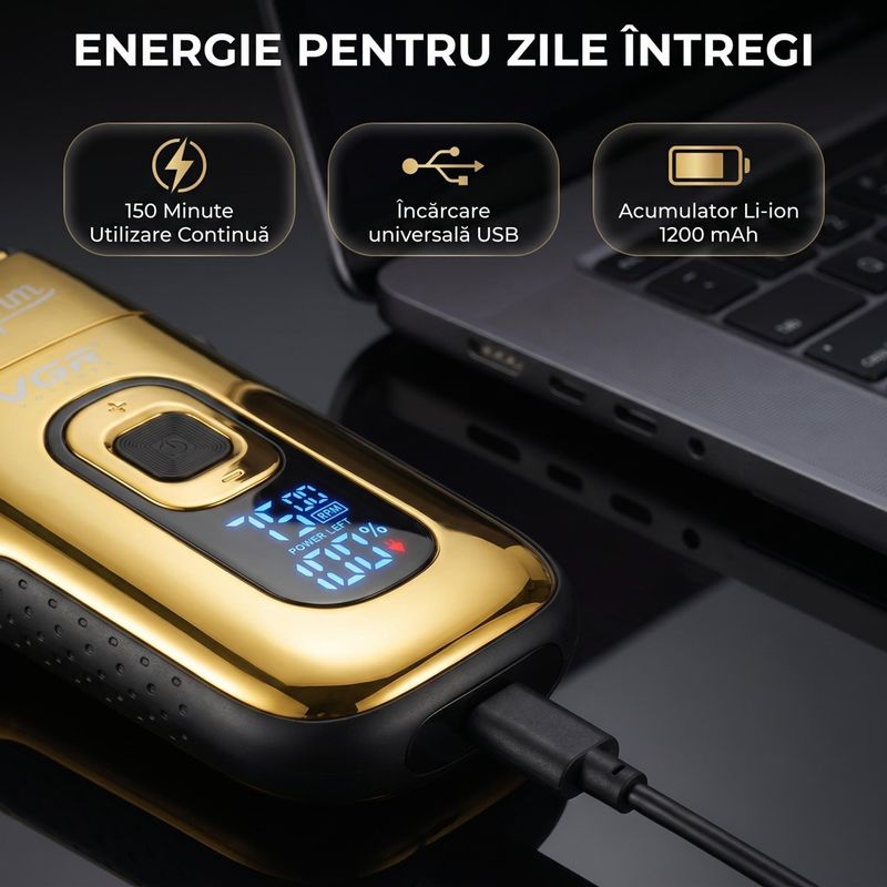 Ingrijire personala si Cosmetice - Aparate & accesorii ingrijire personala - Aparate de ras si tuns - Aparat de Ras Profesional VGR V-332 SuperTrim, Afisaj LED Digital, Autonomie 150 Minute, Auriu - Infinity.ro