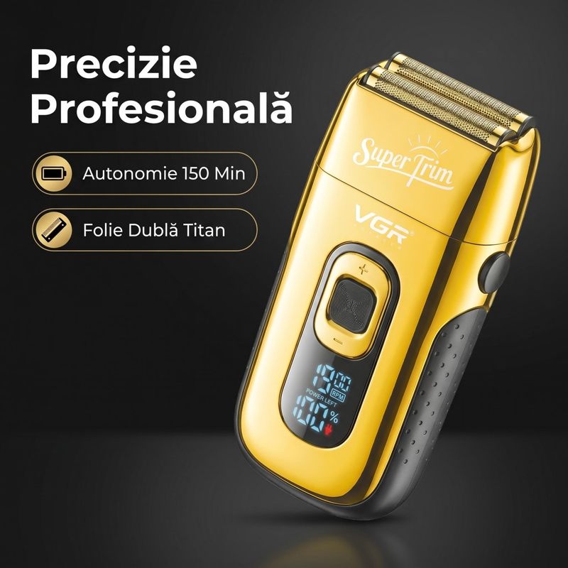 Ingrijire personala si Cosmetice - Aparate & accesorii ingrijire personala - Aparate de ras si tuns - Aparat de Ras Profesional VGR V-332 SuperTrim, Afisaj LED Digital, Autonomie 150 Minute, Auriu - Infinity.ro
