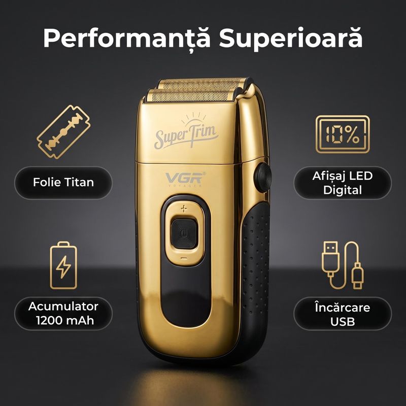 Ingrijire personala si Cosmetice - Aparate & accesorii ingrijire personala - Aparate de ras si tuns - Aparat de Ras Profesional VGR V-332 SuperTrim, Afisaj LED Digital, Autonomie 150 Minute, Auriu - Infinity.ro