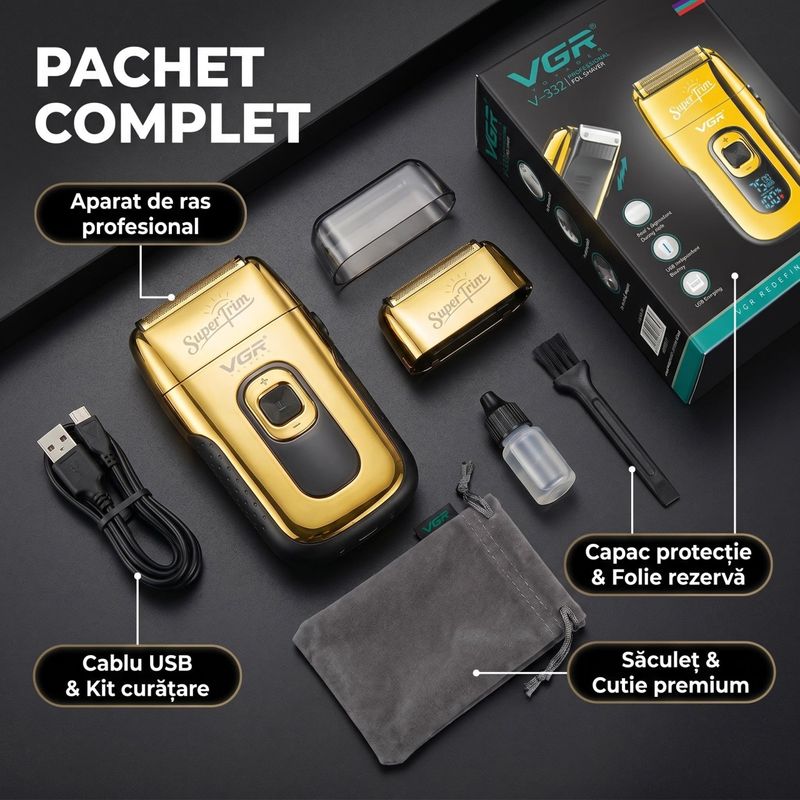 Ingrijire personala si Cosmetice - Aparate & accesorii ingrijire personala - Aparate de ras si tuns - Aparat de Ras Profesional VGR V-332 SuperTrim, Afisaj LED Digital, Autonomie 150 Minute, Auriu - Infinity.ro