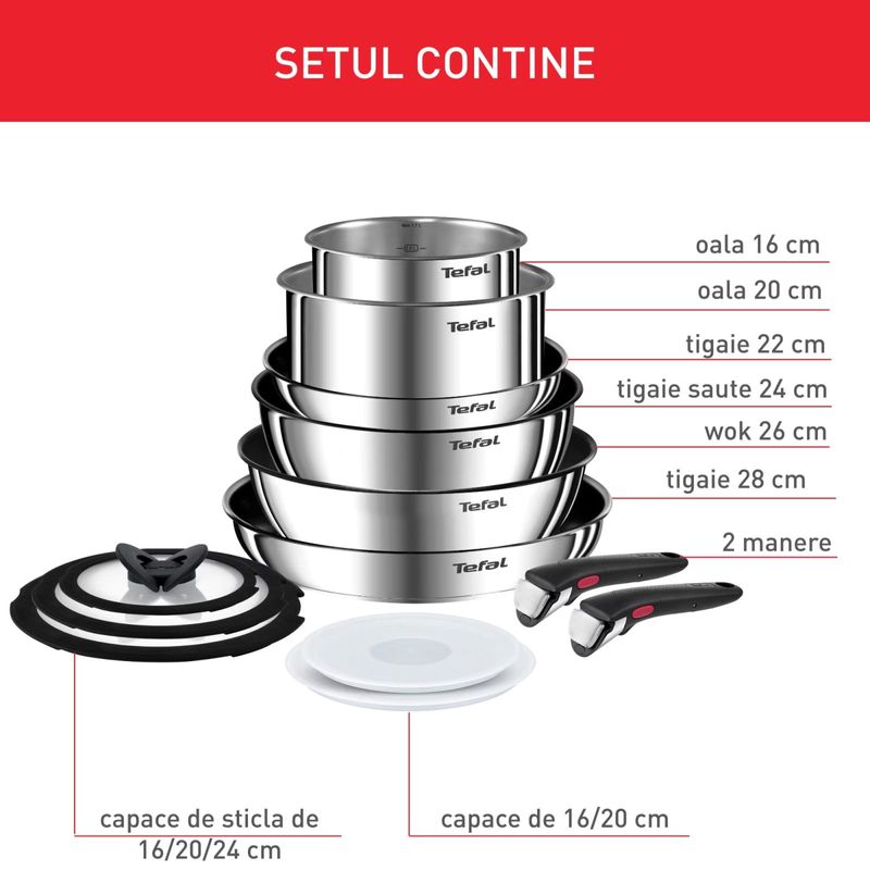 Casa si Gradina - Bucatarie si vesela - Vase pentru gatit - Tigai si seturi - Set 13 piese Tefal Ingenio Emotion, oala 16 / 20 cm, tigaie 22 / 24 / 28 cm, wok 26 cm, 2 manere detasabile - Infinity.ro