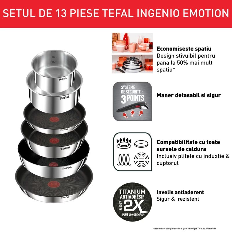 Casa si Gradina - Bucatarie si vesela - Vase pentru gatit - Tigai si seturi - Set 13 piese Tefal Ingenio Emotion, oala 16 / 20 cm, tigaie 22 / 24 / 28 cm, wok 26 cm, 2 manere detasabile - Infinity.ro