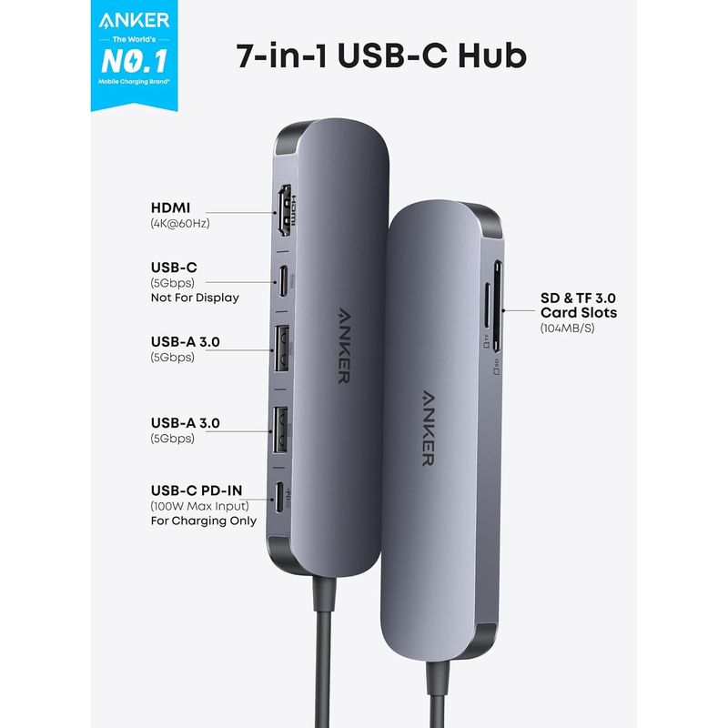 PC, gaming si accesorii - Retelistica - Hub-uri - Hub Anker Nano USB-C Multi-Port 7-in-1 4K 85W Gri - Infinity.ro