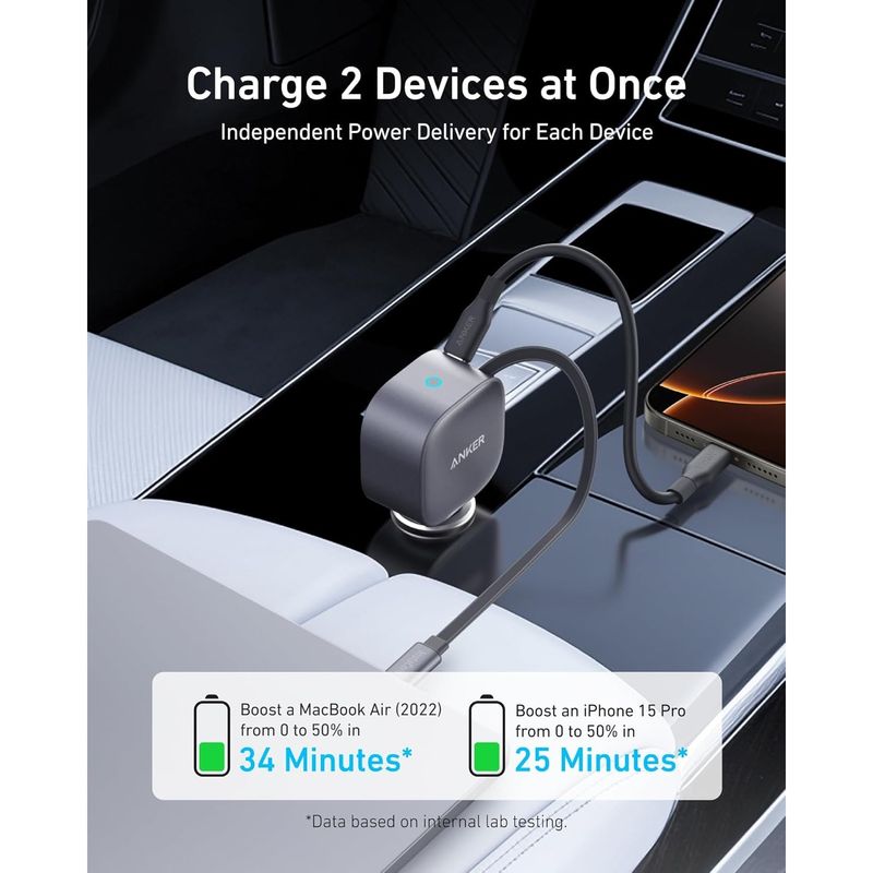 Laptop, Telefoane si Tablete - Telefoane mobile si accesorii - Accesorii Telefoane - Incarcatoare telefoane - Incarcator auto Anker Nano 75W, USB-C 45W + port USB-C 30W, Negru, cablu retractabil 75 cm - Infinity.ro