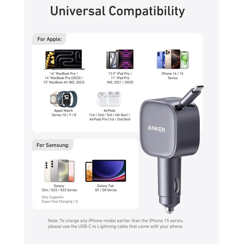 Laptop, Telefoane si Tablete - Telefoane mobile si accesorii - Accesorii Telefoane - Incarcatoare telefoane - Incarcator auto Anker Nano 75W, USB-C 45W + port USB-C 30W, Negru, cablu retractabil 75 cm - Infinity.ro