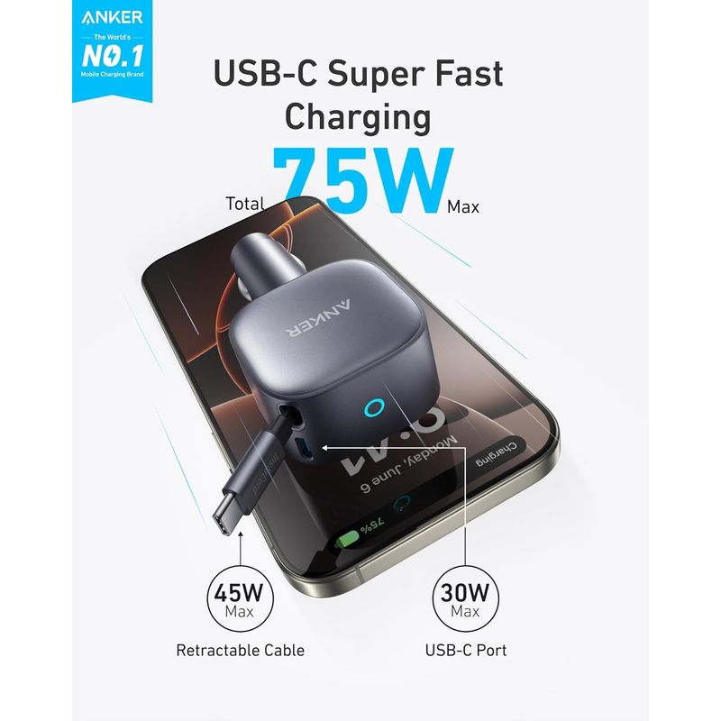 Laptop, Telefoane si Tablete - Telefoane mobile si accesorii - Accesorii Telefoane - Incarcatoare telefoane - Incarcator auto Anker Nano 75W, USB-C 45W + port USB-C 30W, Negru, cablu retractabil 75 cm - Infinity.ro
